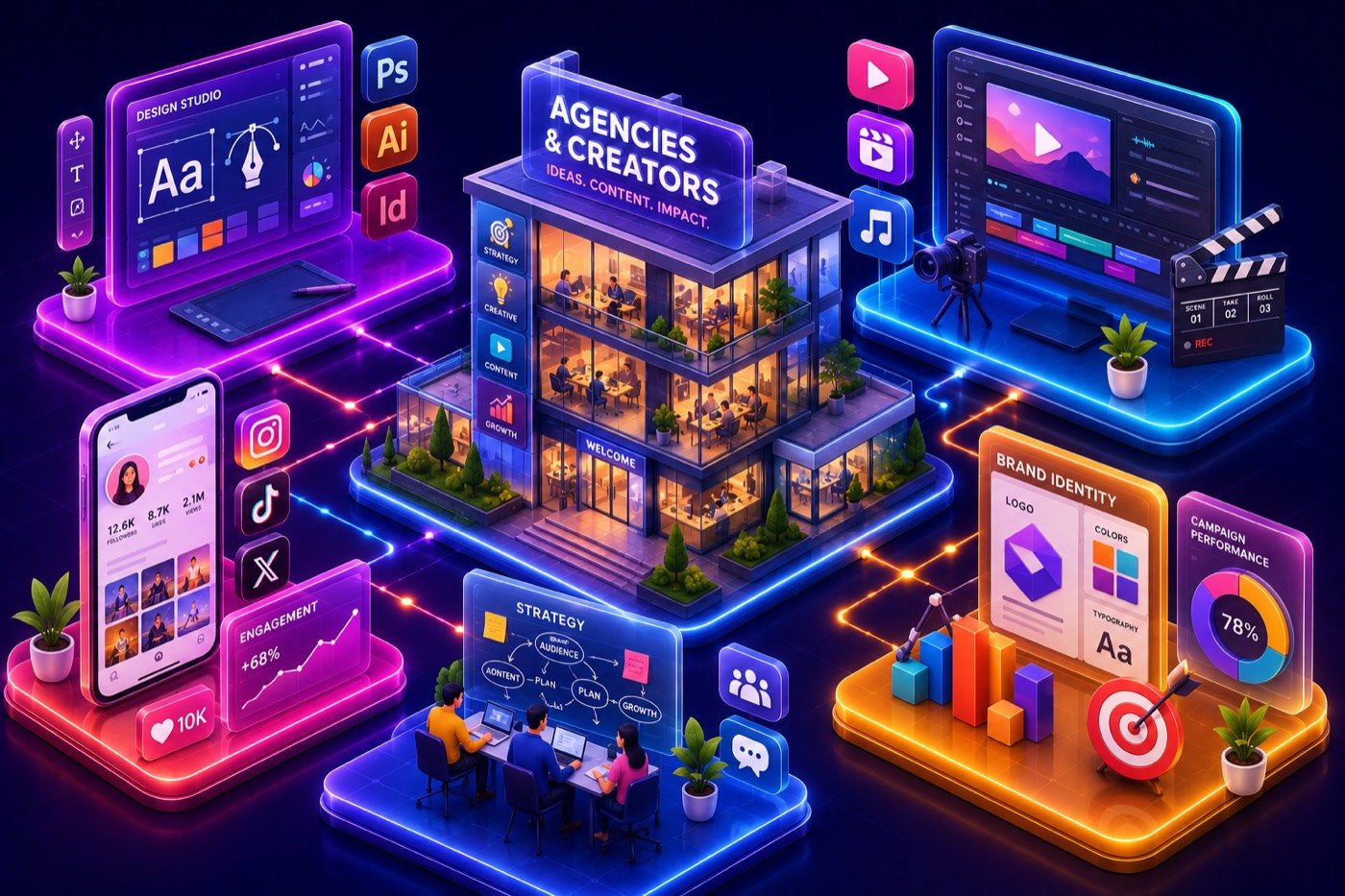 Agencies & Creators — systems we build, illustrated