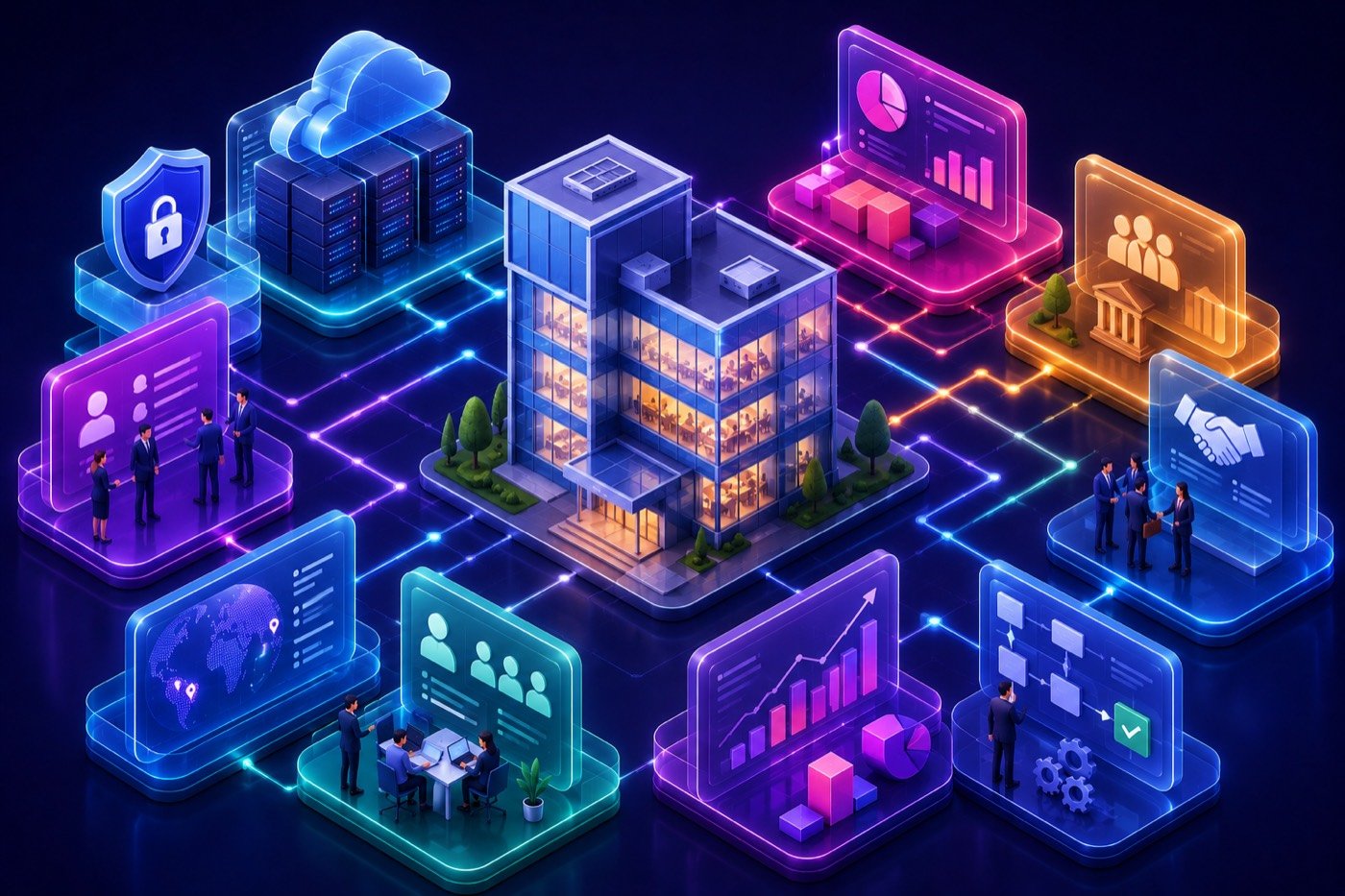 Corporate & Enterprise — systems we build, illustrated