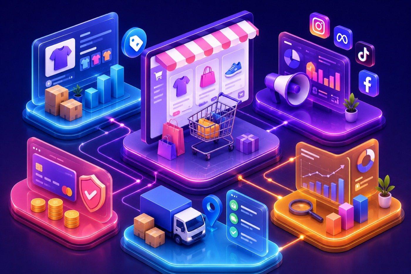 E-commerce Brands — systems we build, illustrated