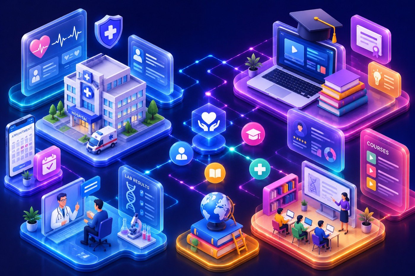 Healthcare & Education — systems we build, illustrated