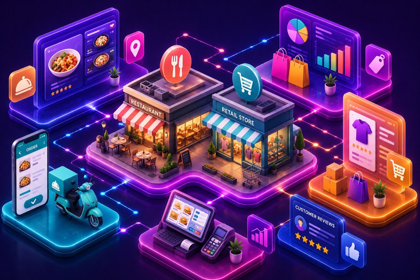 Restaurants & Retail — systems we build, illustrated