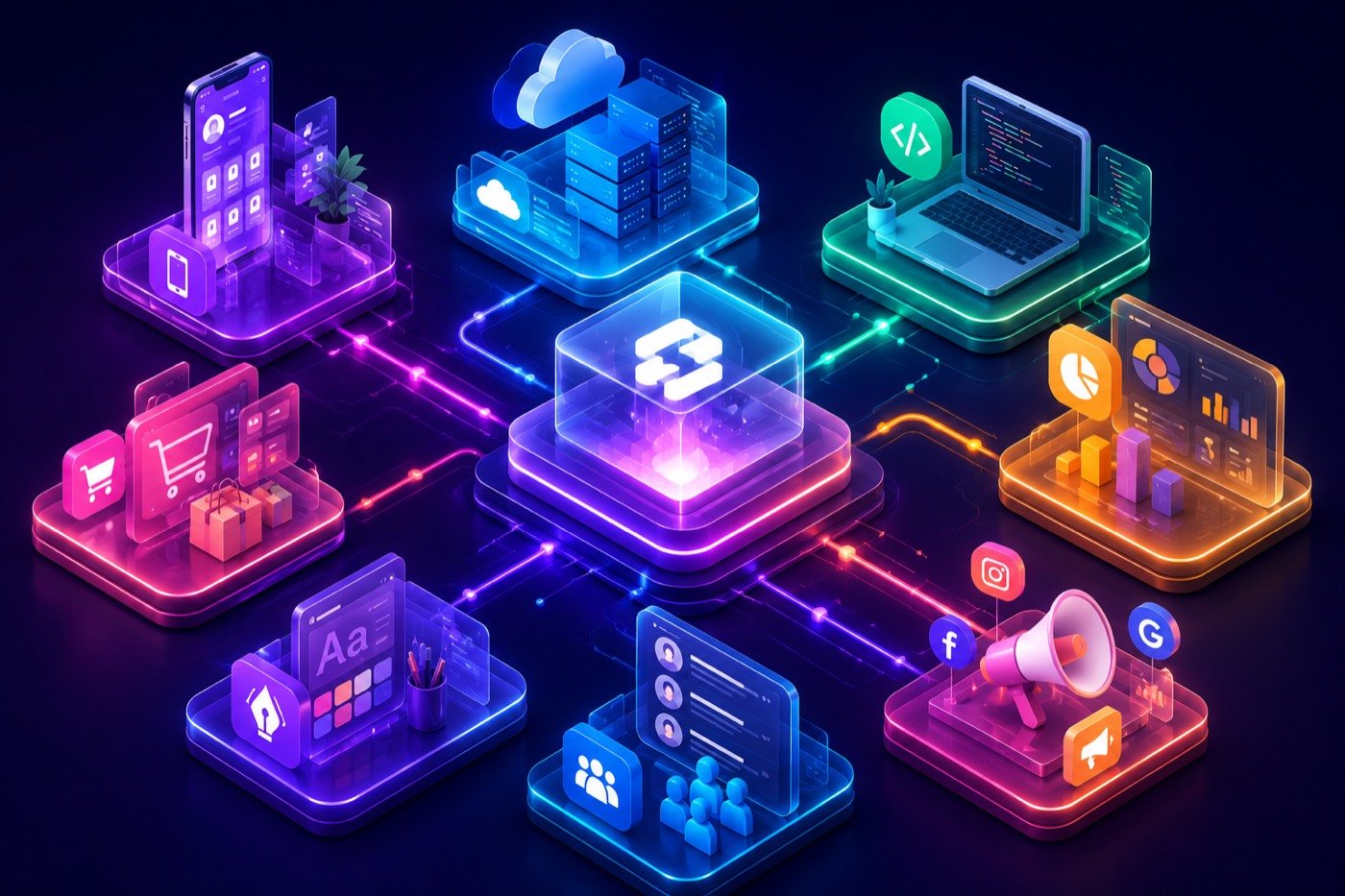Startups & Founders — systems we build, illustrated